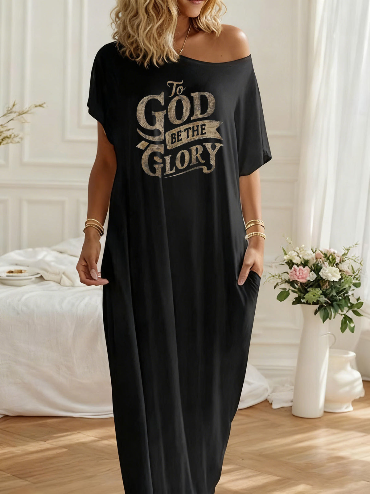 Women's Off-Shoulder One-Shoulder Maxi Dress Inspirational Verse Print Loose Casual Pencil Church Wedding Spring Summer Dress