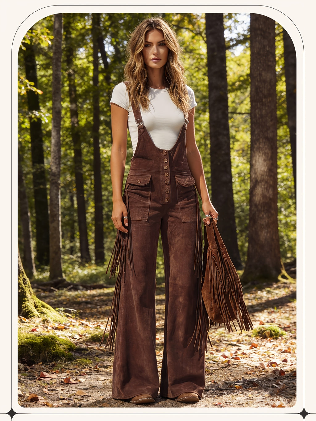 Vintage Fringe Overalls Women Wide Leg Loose Faux Suede Western Boho Festival Country Concert Halloween Costume Outfit