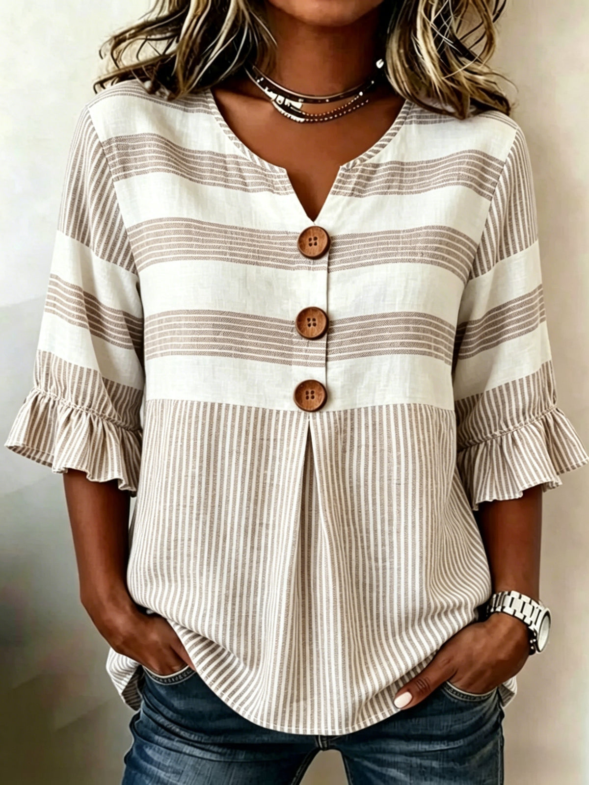 Striped V-Neck Blouse Women Ruffle 3/4 Sleeve Loose Fit Tunic Top Lightweight Linen Button Detail Summer Shirt S-2XL