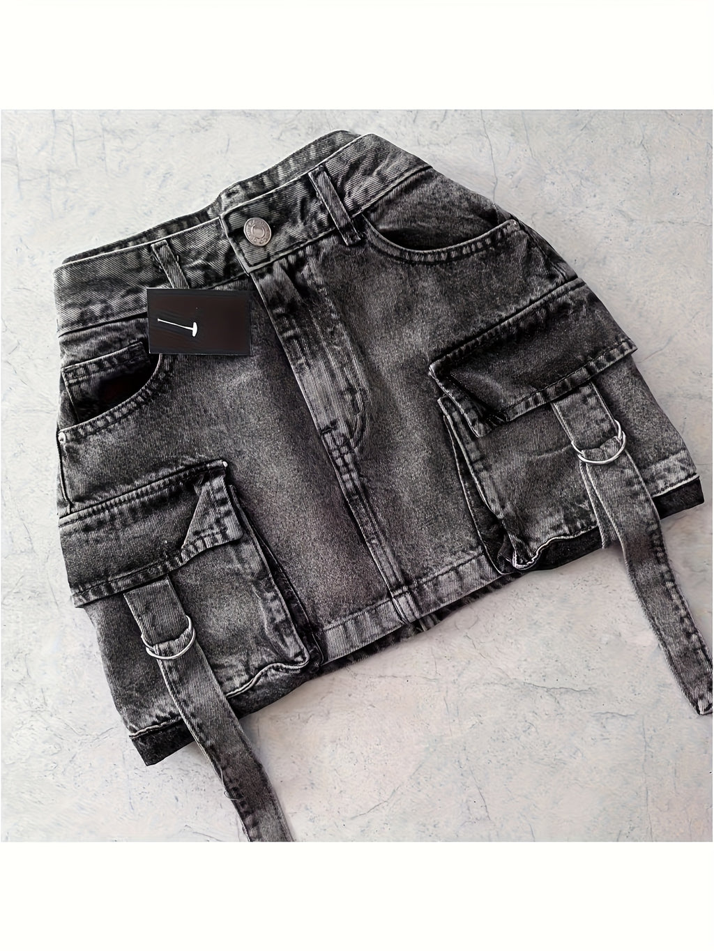 Y2K Black Denim Mini Skirt Women High Waist Goth Harajuku Stretch Multi-Pocket Streetwear Biker Aesthetic Spring Summer Fall