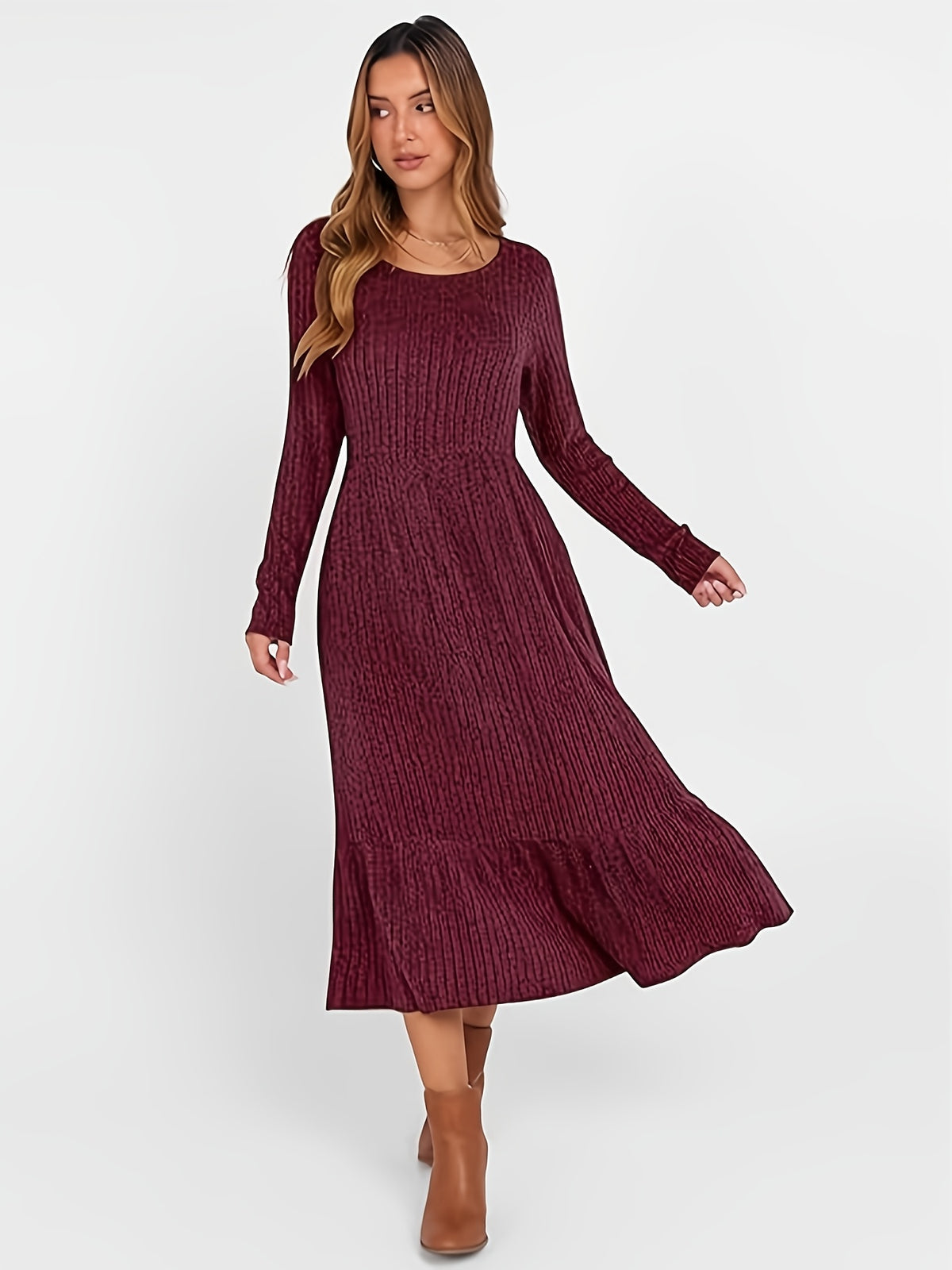 Ribbed Knit Maxi Dress Women Crew Neck Waist Cinched Pocket Warm Flattering Fall Winter Casual Office Daily Solid Color 100% Polyester
