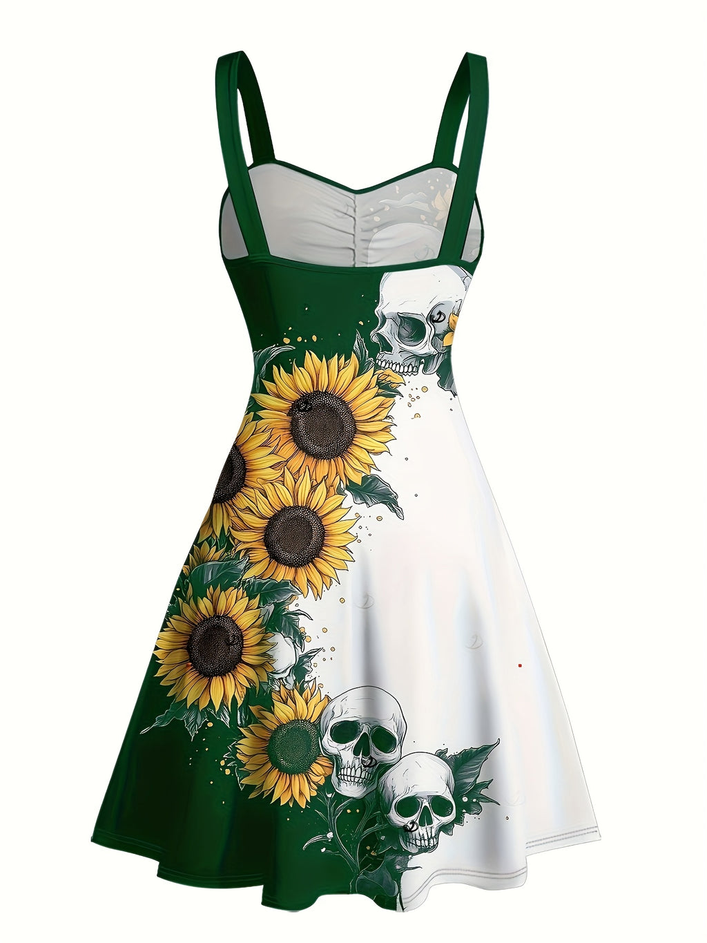 Gothic Sunflower Skull A-Line Mini Dress Women Sweetheart Spaghetti Strap Colorblock Ruched Belt Retro Halloween Dress S-XXL