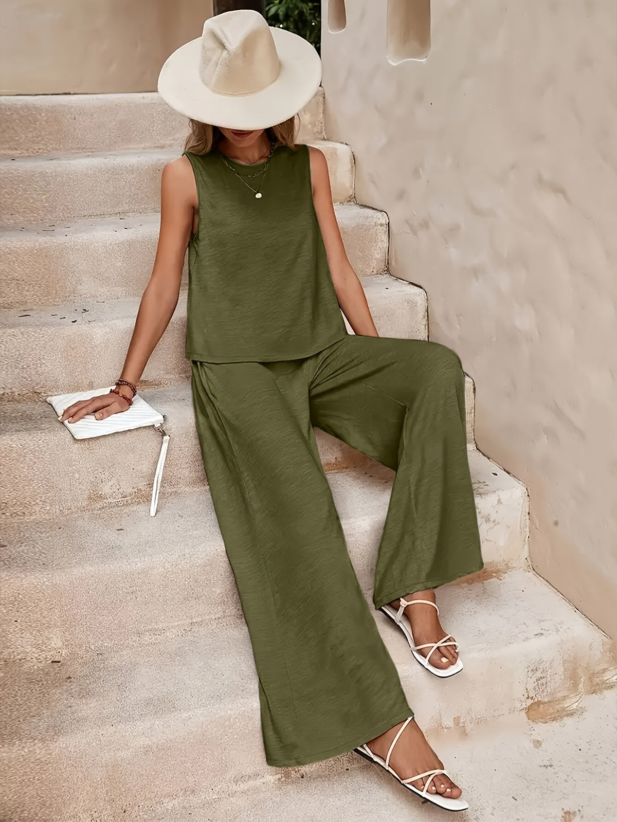 Red Sleeveless Top and Wide Leg Pants 2 Piece Set for Women – Solid Color Smooth Fabric Casual Elegant, Spring Summer, Sizes S-XXL
