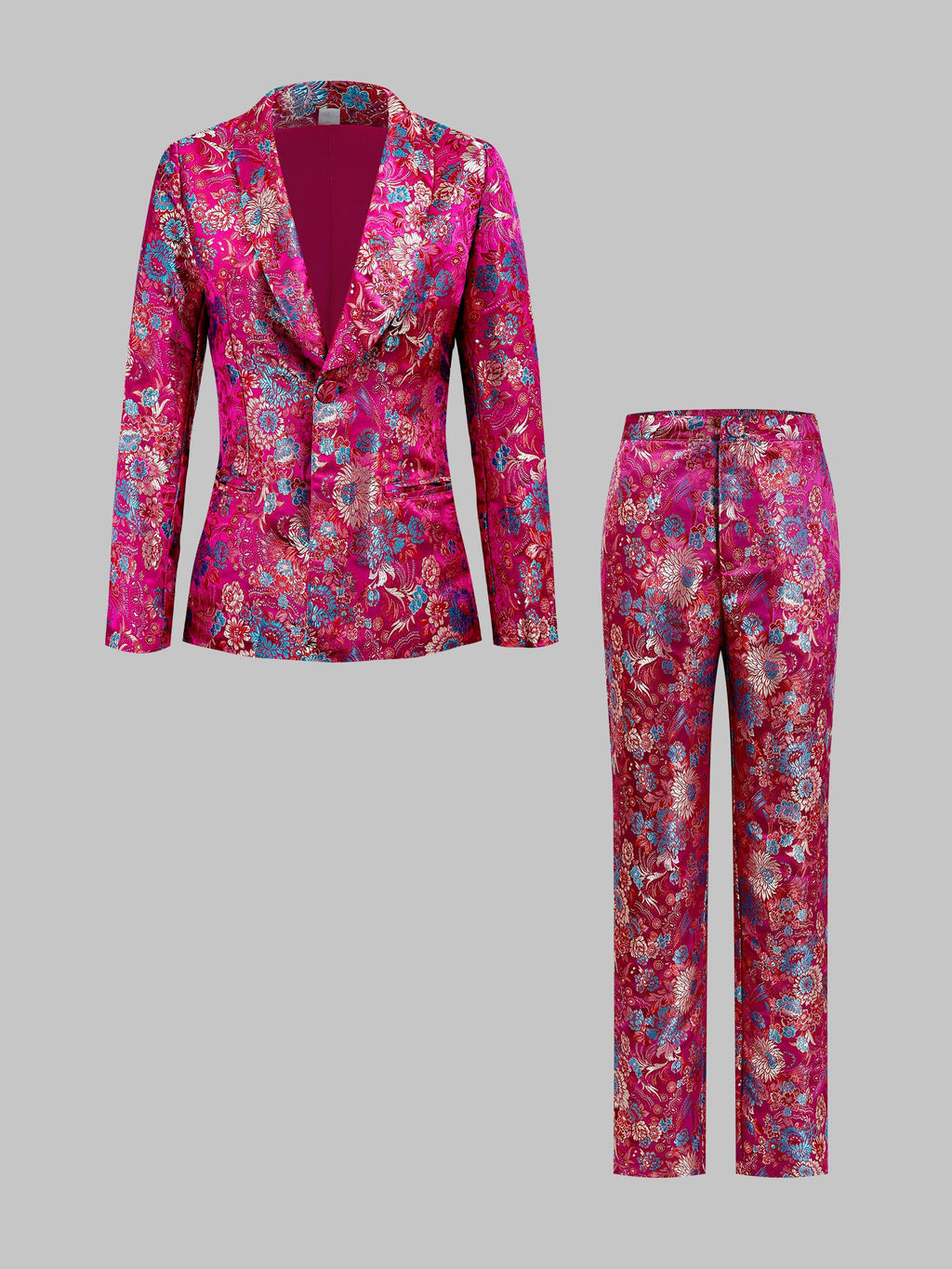 Floral Jacquard Suit Set Women Long Sleeve Satin Blazer and Straight Leg Pants V-Neck Pocket Formal Wedding Guest Red Carpet Outfit Rose Red Brown S-XXL