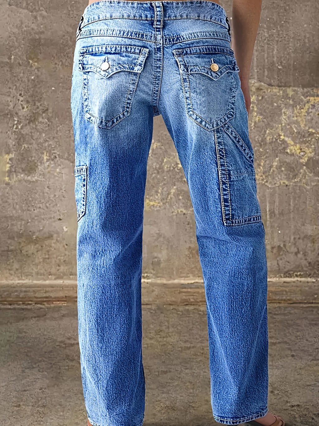 Women's Retro Straight Leg Jeans Mid Rise Relaxed Fit Multi-Pocket Vintage Washed Whisker Denim Casual Workwear Classic Blue