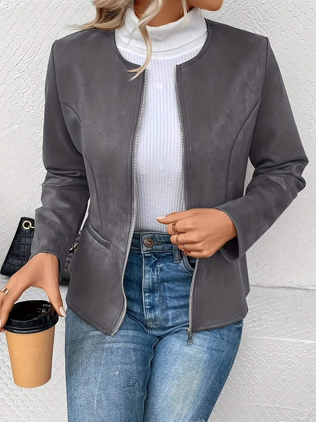 Slim Fit Zip Up Jacket for Women Round Neck Long Sleeve Casual Coat Solid Color All Season Versatile