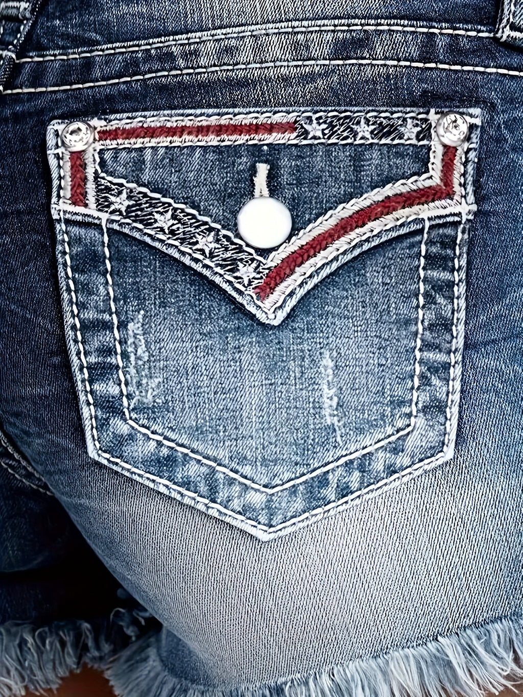Stretch Denim Shorts for Women - Retro Color Block Embroidery Mid Rise Slim Fit, Built-In Zipper Machine Washable Cotton Blue Casual Jean Shorts for Spring Summer