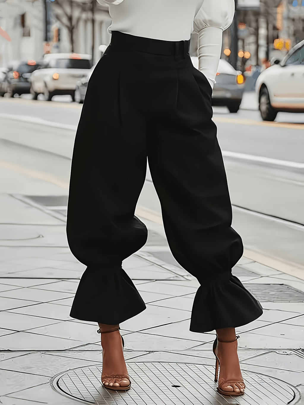 High Waist Ruffle Hem Balloon Pants Women Elegant Office Casual Wide Leg Trousers Versatile Work Weekend Wear S-XL
