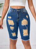 Yellow Ripped Slim Fit Mid Length Jeans Women Elastic Waist Casual Distressed Denim Pants Dark Light Color S M L XL XXL