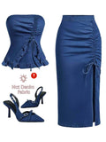 Women's Denim-Look Halter Top Ruffle Drawstring Split Skirt 2-Piece Set Vintage Sweet Casual Deep Blue S-XXL