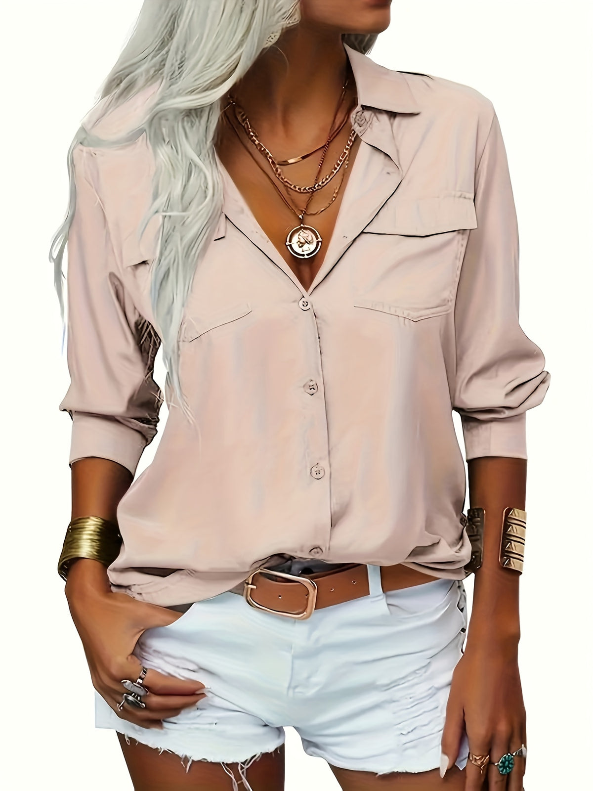 Women Solid Color Button Down Shirt Lapel Long Sleeve Blouse Casual Office Versatile Top Classic Collar Spring Fall Machine Washable