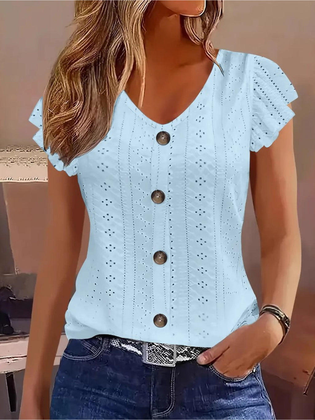 Women's V-Neck Ruffled Short Sleeve Blouse Eyelet Embroidered Jacquard Top Decorative Buttons Elegant Casual Spring Summer Stretch Shirt S-XXL