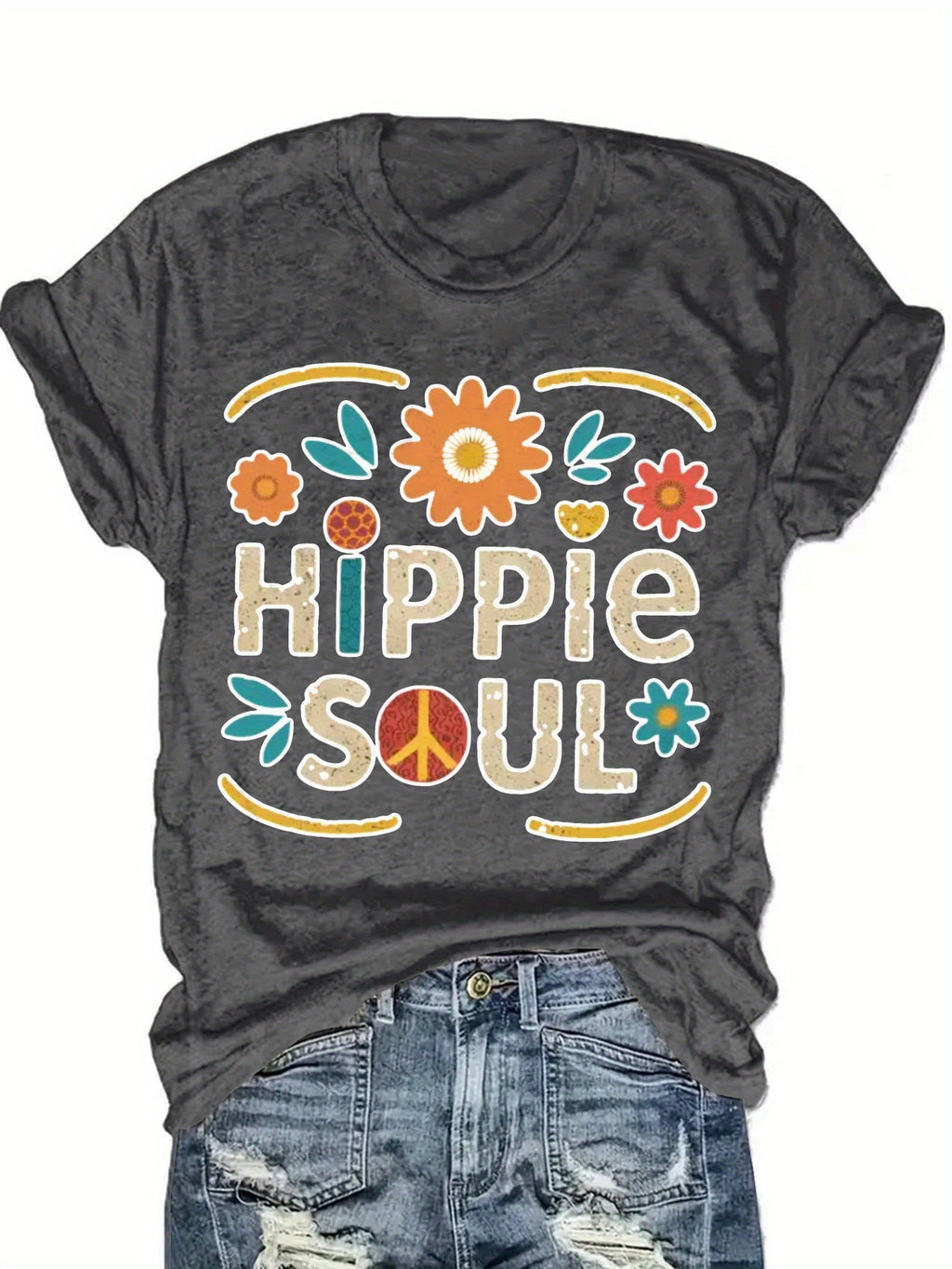 Hippie Soul Boho Graphic Tee Women Vintage Floral Print Festival Casual Comfortable Blend T-Shirt 5 Colors S-XXL