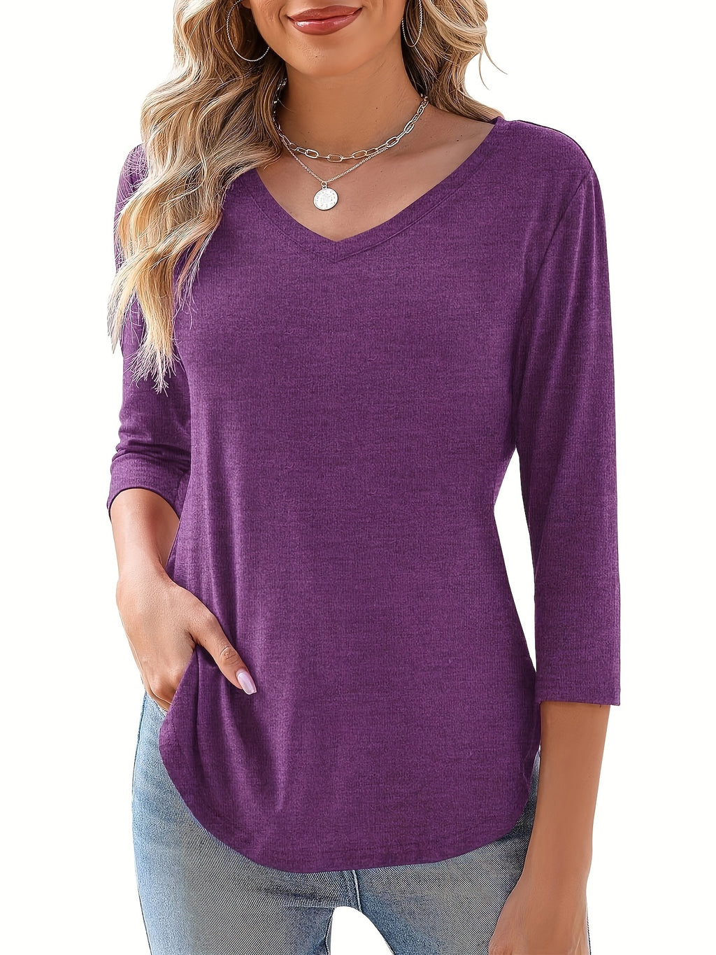 Solid Color V-Neck Top Women 3/4 Sleeve Casual Knit Blouse Elegant Basic Stretch Shirt Spring Summer Fall S-XXL