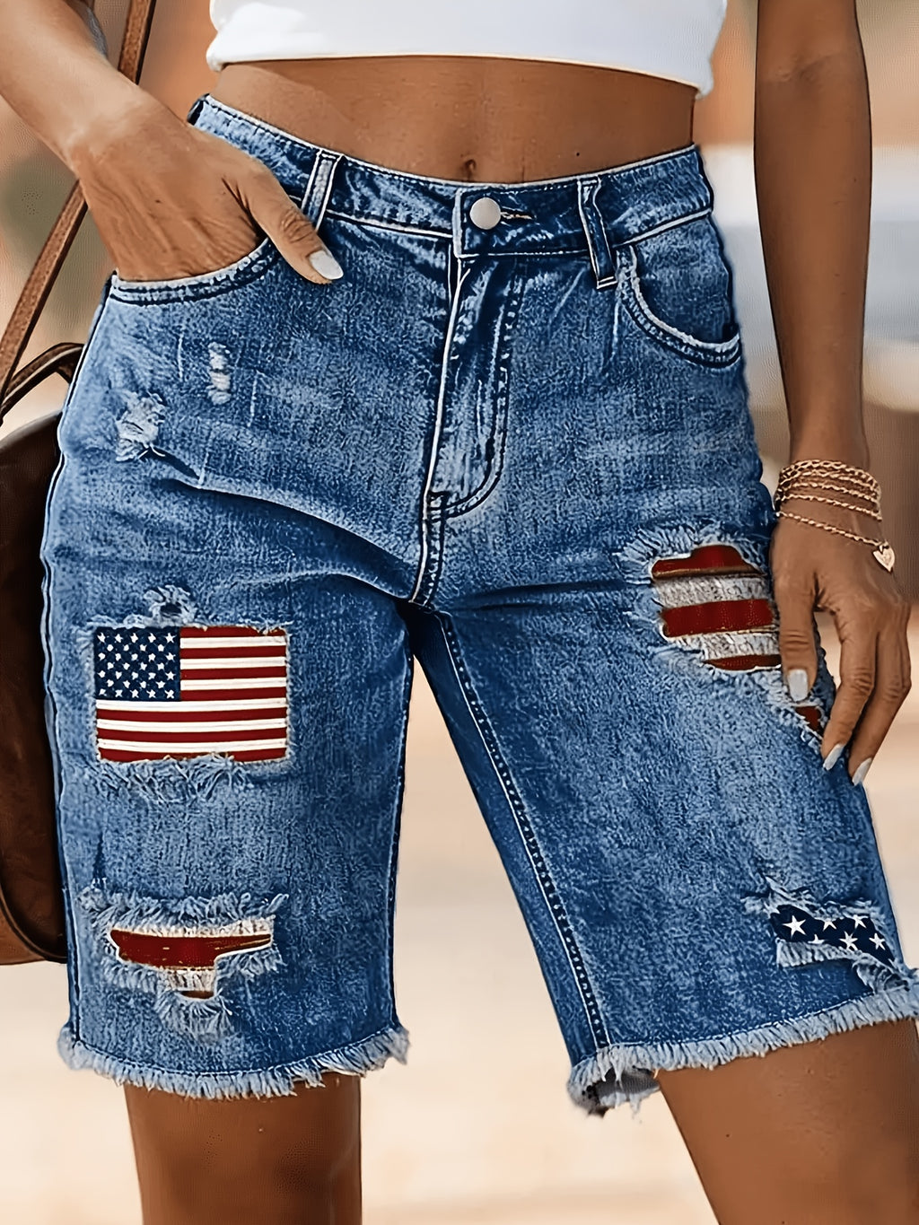 Women's Embroidered Patch Distressed Bermuda Denim Shorts Mid-Rise Frayed Summer Casual | Mira Roam