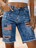 Women's Embroidered Patch Distressed Bermuda Denim Shorts Mid-Rise Frayed Summer Casual | Mira Roam