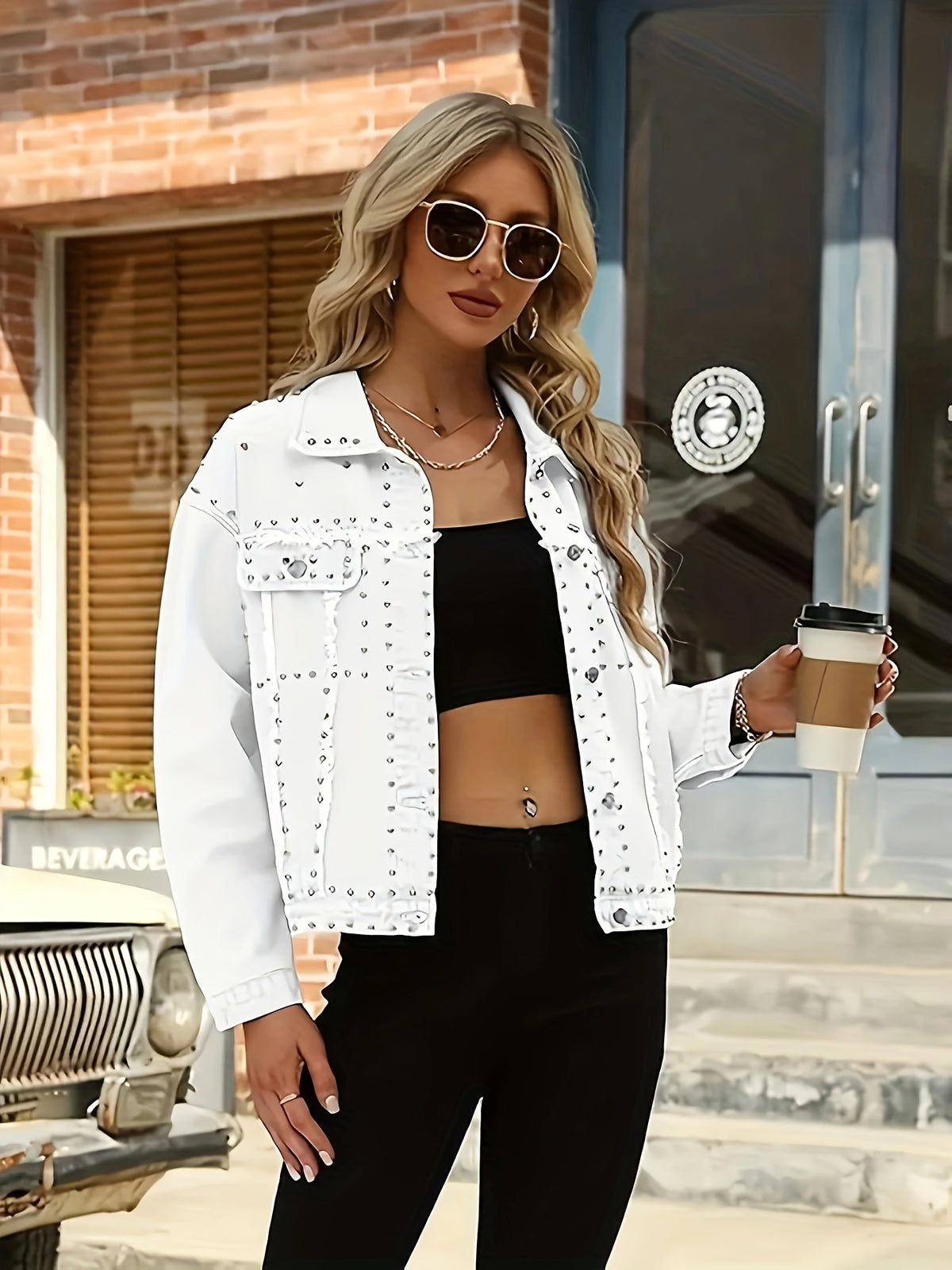 Studded Denim Jacket Women Vintage Biker Style Loose Fit Heavy Washed Non-Stretch Outerwear Fall Winter All Season Trendy Coat