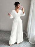 Elegant White Wide-Leg Jumpsuit Women V-Neck High Waist Pleated Palazzo Casual Long One Piece S-XXL