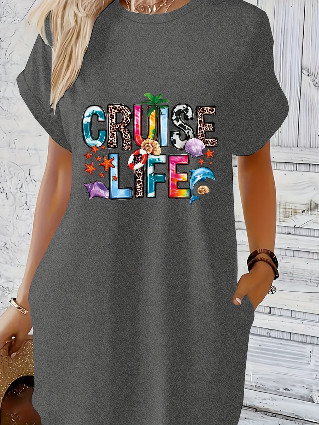 T-Shirt Dress Women Graphic Print Crew Neck Short Sleeve Casual Loose Stretch Spring Summer Machine Washable S M L XL XXL