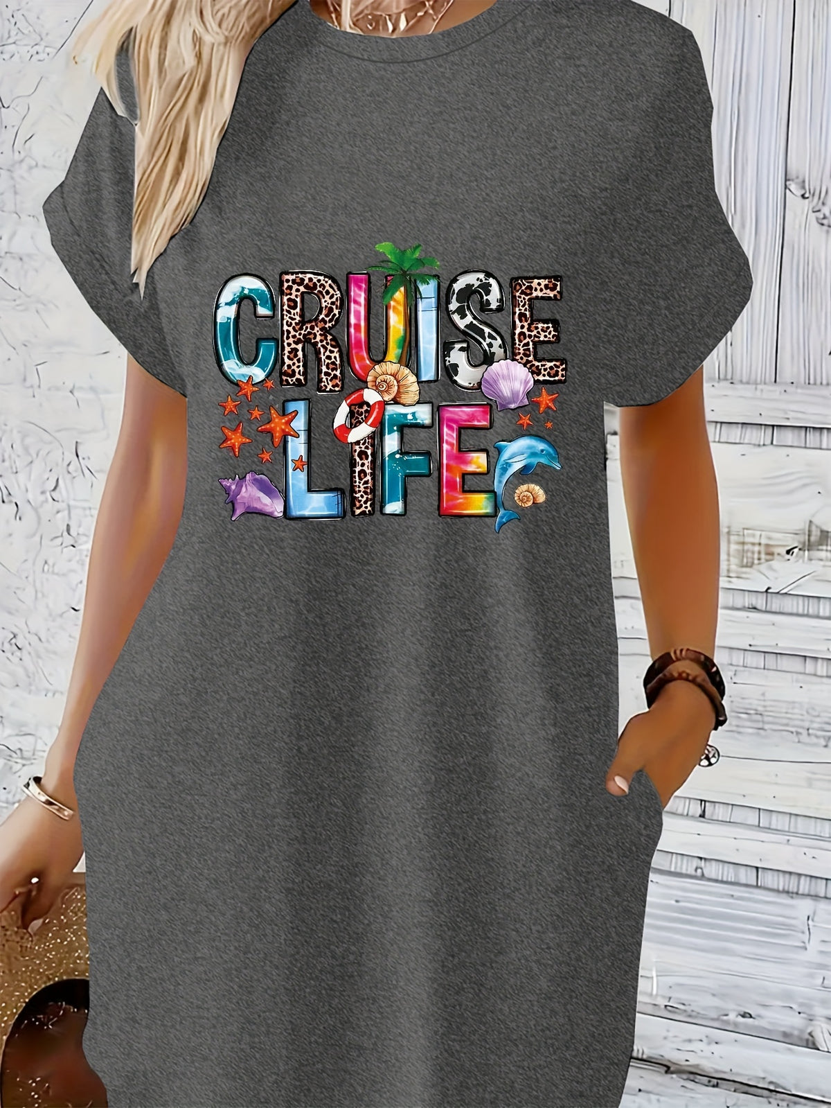 T-Shirt Dress Women Graphic Print Crew Neck Short Sleeve Casual Loose Stretch Spring Summer Machine Washable S M L XL XXL