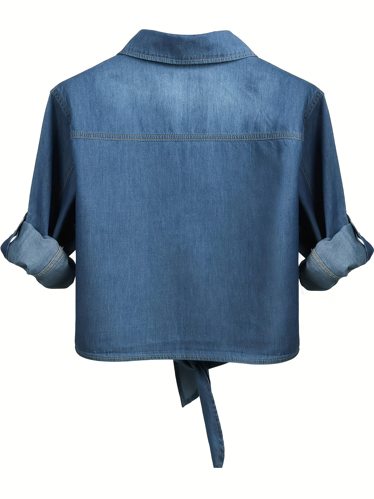 Women's Roll-Up 3/4 Sleeve Tie Front Knot Shirt Chambray Denim Crop Top Button Detail White Blue XS-XXL