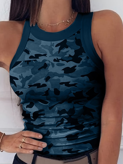 Camouflage Print Sleeveless Vest Top Women Sexy Round Neck I-Shape Racerback Summer Casual Tank Streetwear