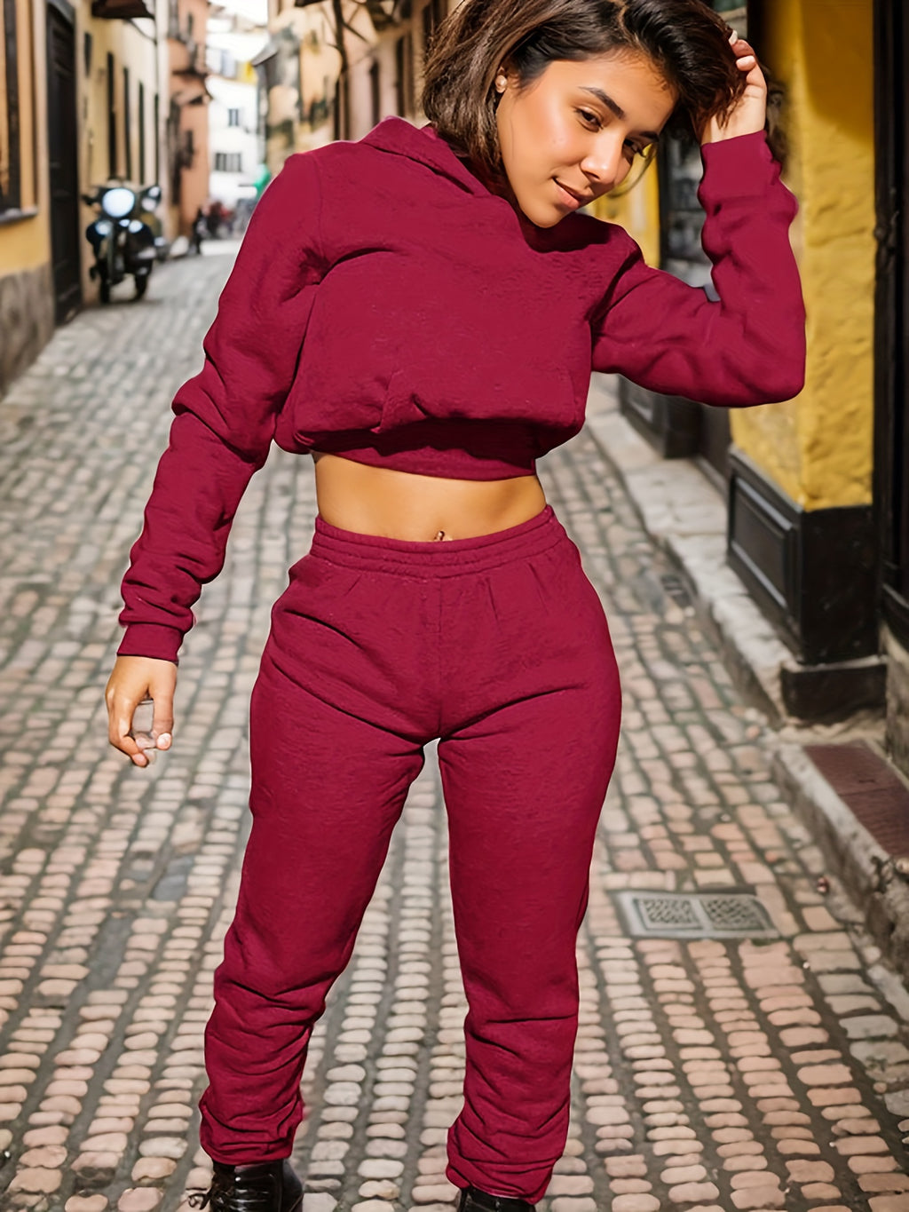 Velvet Tracksuit Set Women Cropped Hoodie Kangaroo Pockets Jogger Sweatpants Solid Color Luxe Autumn Winter Lounge Jogger Set S-XXL