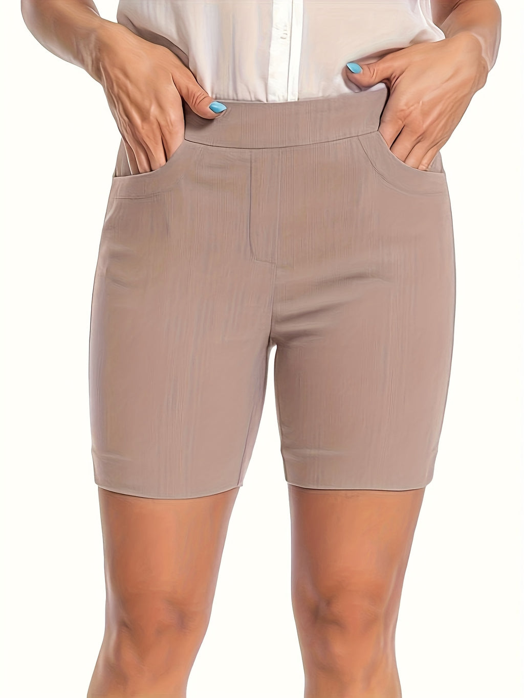 Women High Waist Stretchy Casual Summer Shorts Front Pockets Office Wear Solid Color Spring Fall Multi Colors
