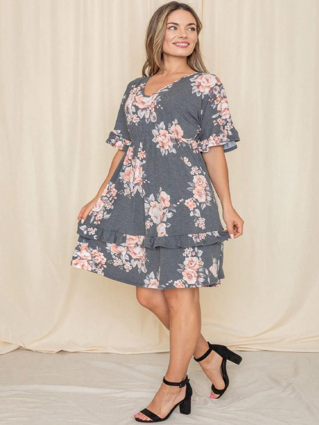 Floral Ruffle Midi Dress for Women – Vintage Boho V-Neck Flutter Sleeve Elastic Waist, Navy Pink Yellow Charcoal, S-3X