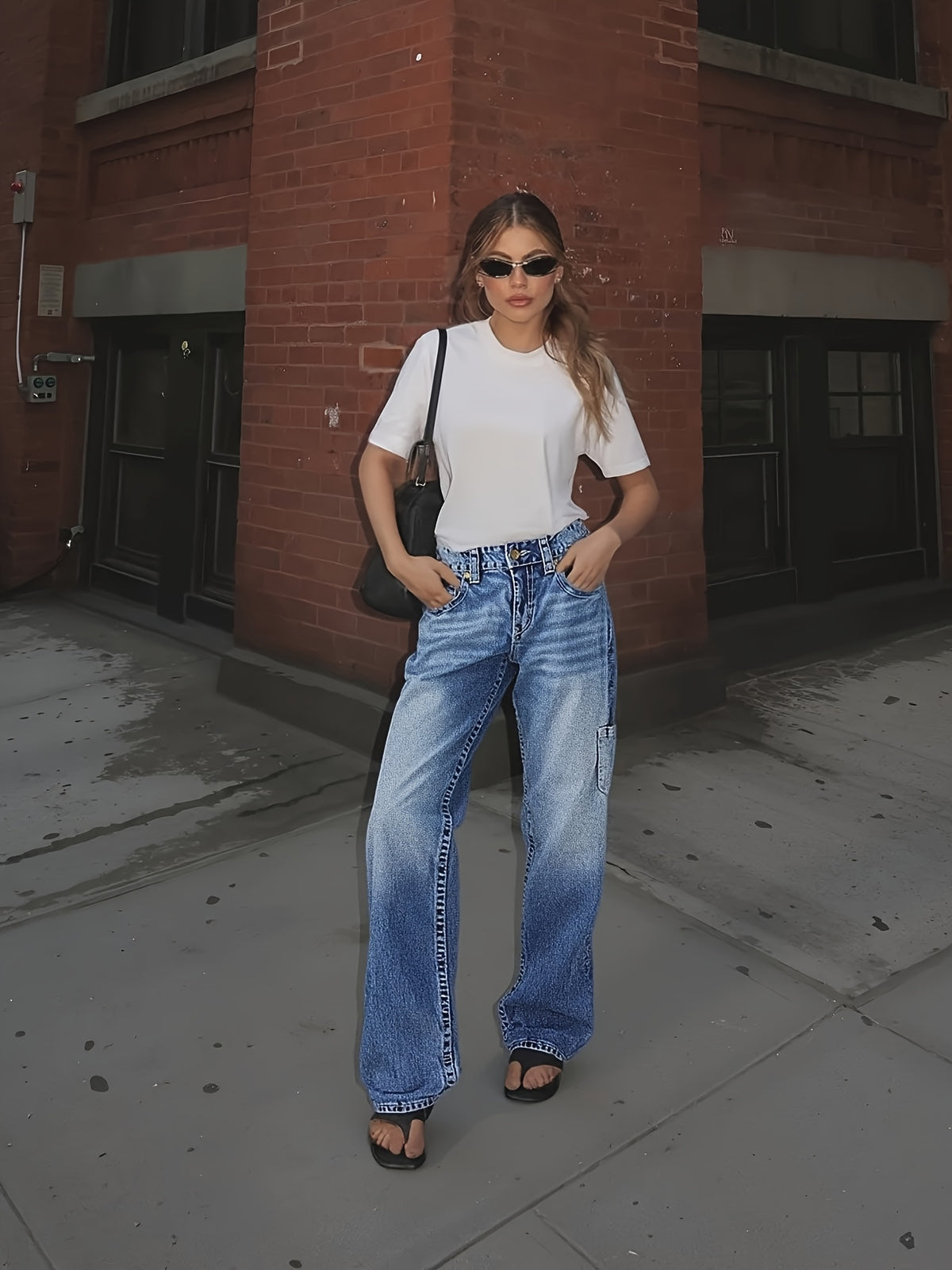 Women's Retro Straight Leg Jeans Mid Rise Relaxed Fit Multi-Pocket Vintage Washed Whisker Denim Casual Workwear Classic Blue
