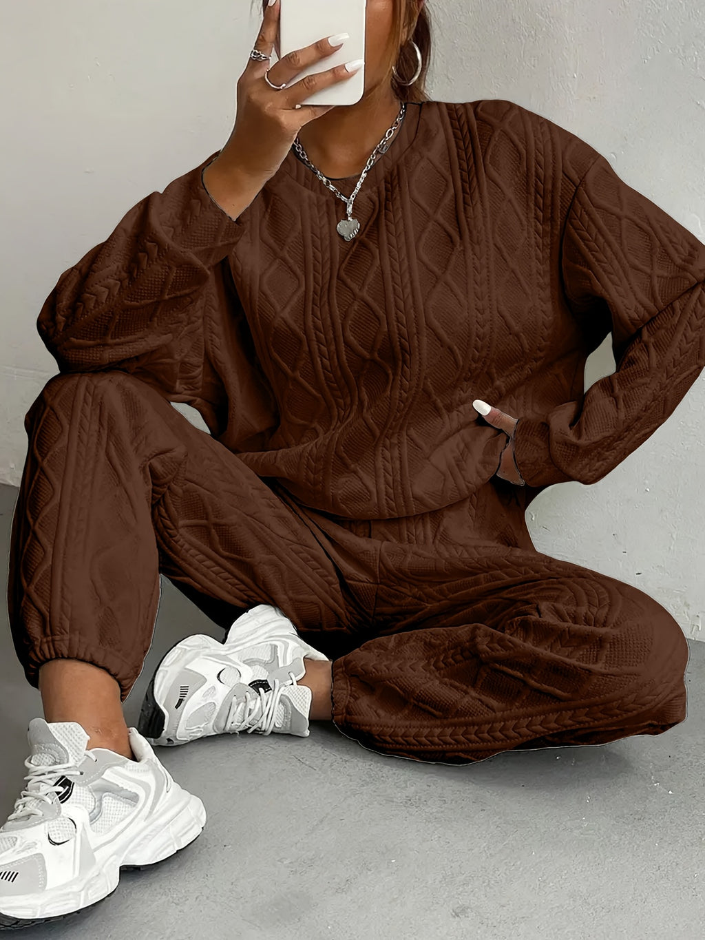 Jacquard Cable-Knit 2 Piece Set Women Round Neck Sweatshirt and Trousers Matching Outfit - Loose Fit Fall Winter Co-ord