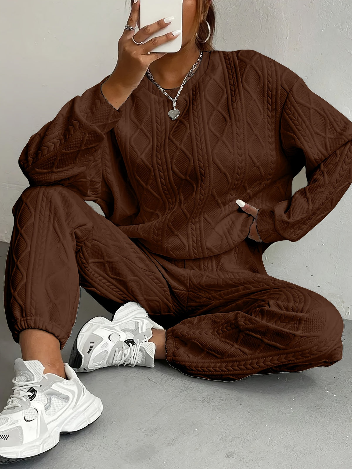 Jacquard Cable-Knit 2 Piece Set Women Round Neck Sweatshirt and Trousers Matching Outfit - Loose Fit Fall Winter Co-ord