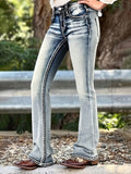 Embroidered Cow Head Denim Jeans Women Mid Waist Elastic Skinny Pants Light Blue Washed