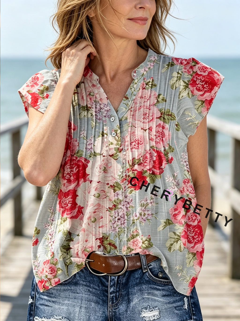Flutter Sleeve Floral Blouse Women Elegant Chic Casual Summer Top Pink Gray Red Print Lightweight Spring S-XXL