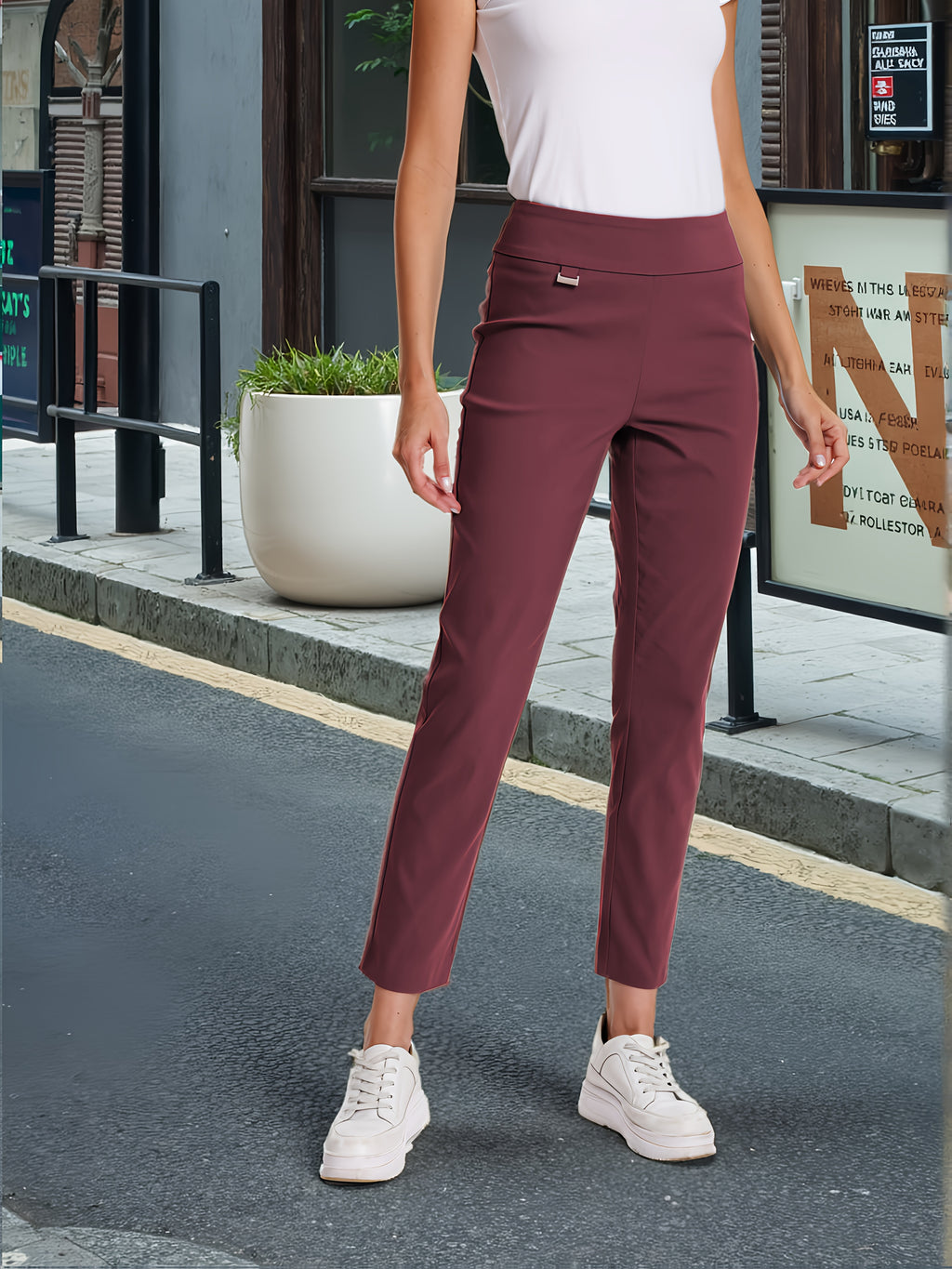 Pull On Ankle Pants Women Super Stretch Elastic Waist Solid Viscose Nylon Cropped Trousers Slim Regular Fit All Season Casual Work Pants S-XXL