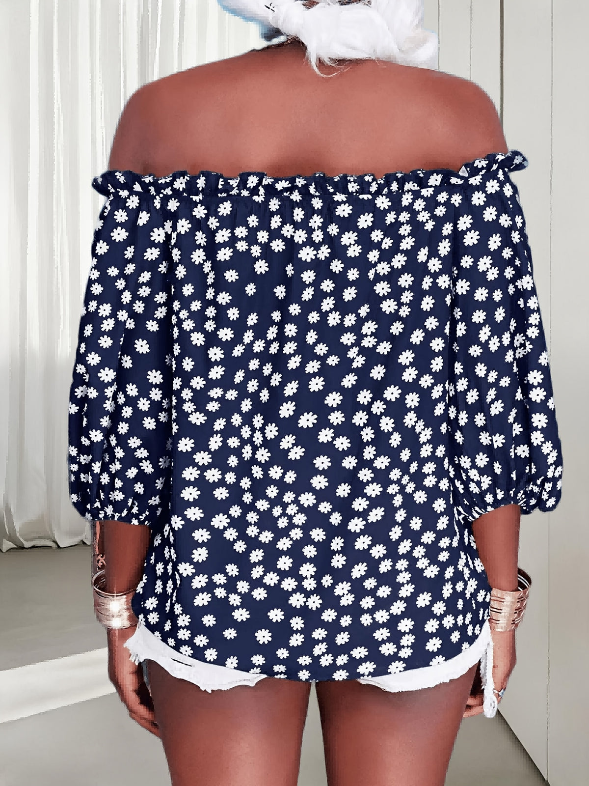 Floral Off Shoulder Chiffon Blouse Women 3/4 Sleeve Casual Summer Top Shirt 10 Colors S-XXL