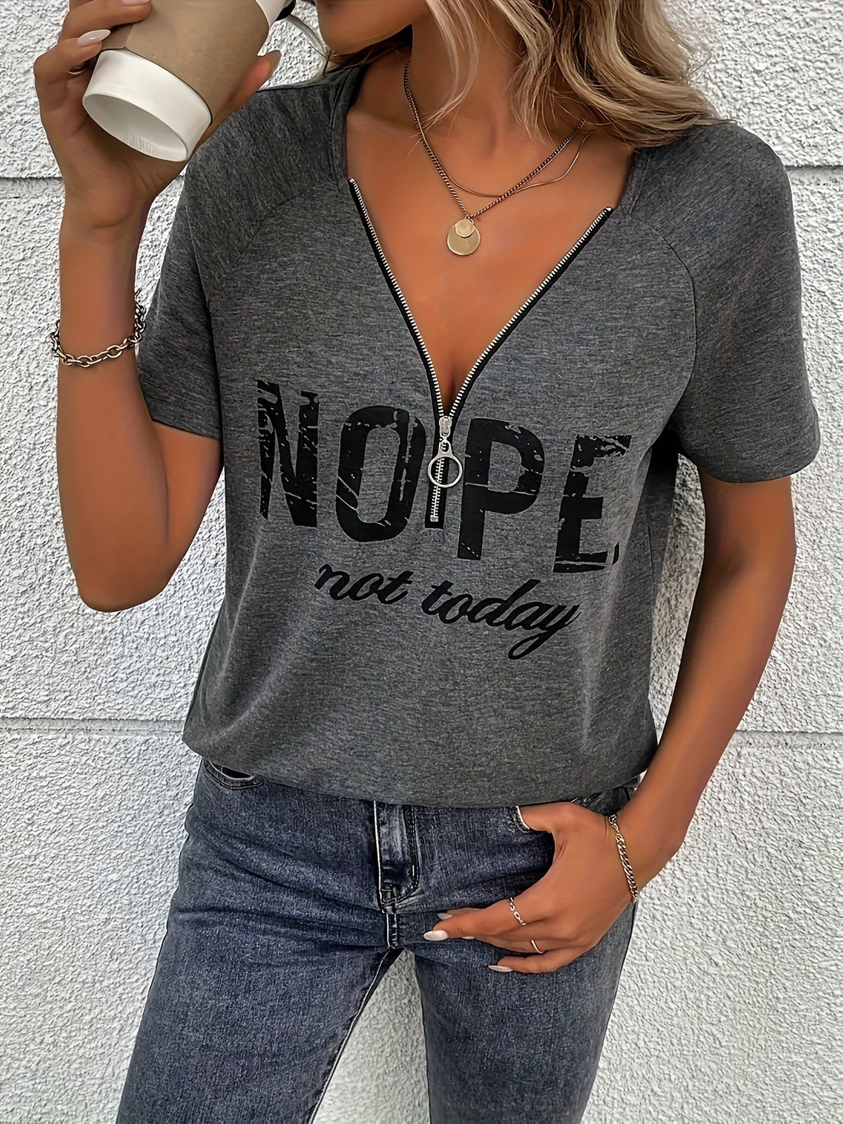 Letter Print V-Neck Zip T-Shirt Women Grey Casual Polyester Everyday Top S-XXL
