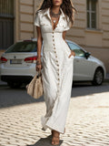 White Drawstring Waist Maxi Dress Women Collared Buttoned Short Sleeve Loose Casual Relaxed Vacation Daily Outing Comfort Dress