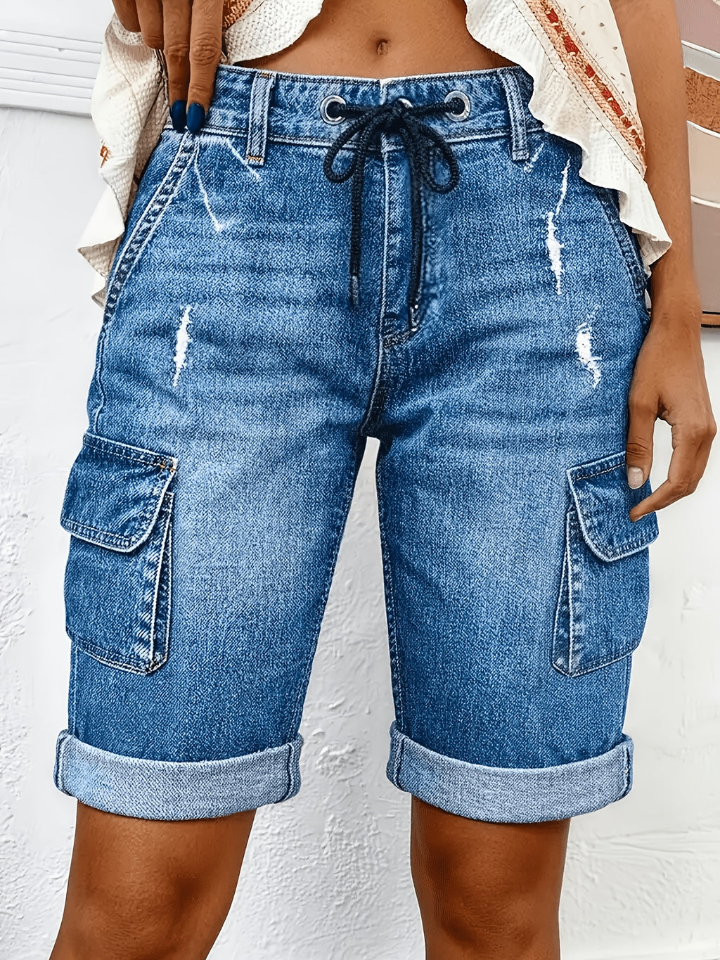 Denim Cargo Shorts for Women - Distressed Faded Mid Rise Relaxed Fit, Large Side Pockets Bell Bottom Hem Machine Washable, Casual Spring Summer Outdoor Jean Shorts