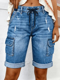 Denim Cargo Shorts for Women - Distressed Faded Mid Rise Relaxed Fit, Large Side Pockets Bell Bottom Hem Machine Washable, Casual Spring Summer Outdoor Jean Shorts