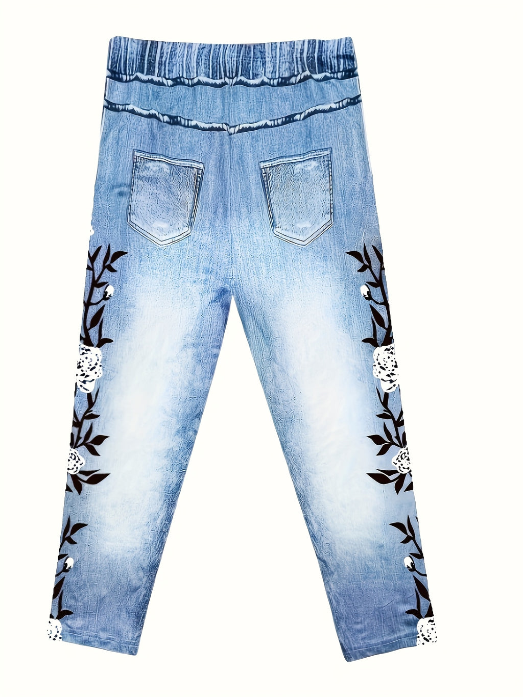 Women's High Waist Capri Leggings Imitation Denim Floral Print Stretch Elastic Waistband Casual Tights Blue Jeans Look Fashion Bottoms
