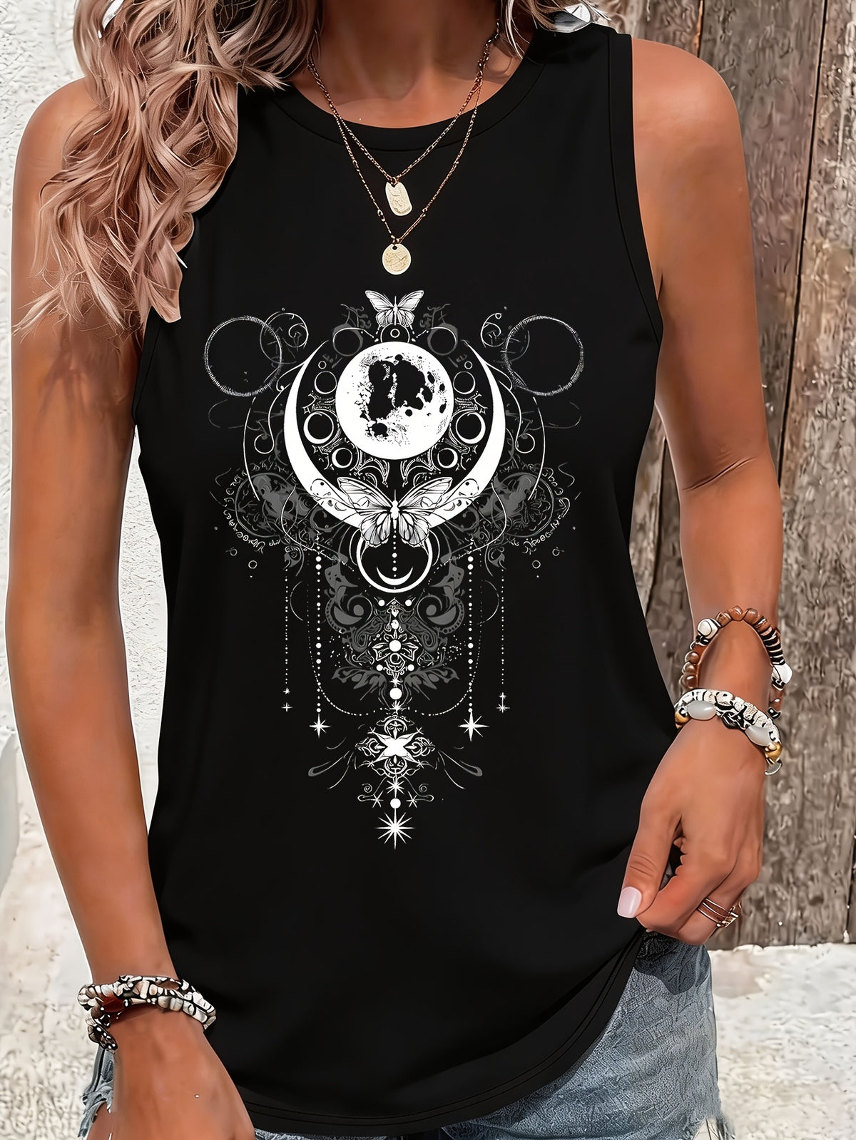 Moon Butterfly Gothic Print Camisole for Women - Slim Round Neck Sleeveless Vest Top, Soft Stretchy Casual Tank for Summer Wear, Lightweight Trendy Graphic Camisole