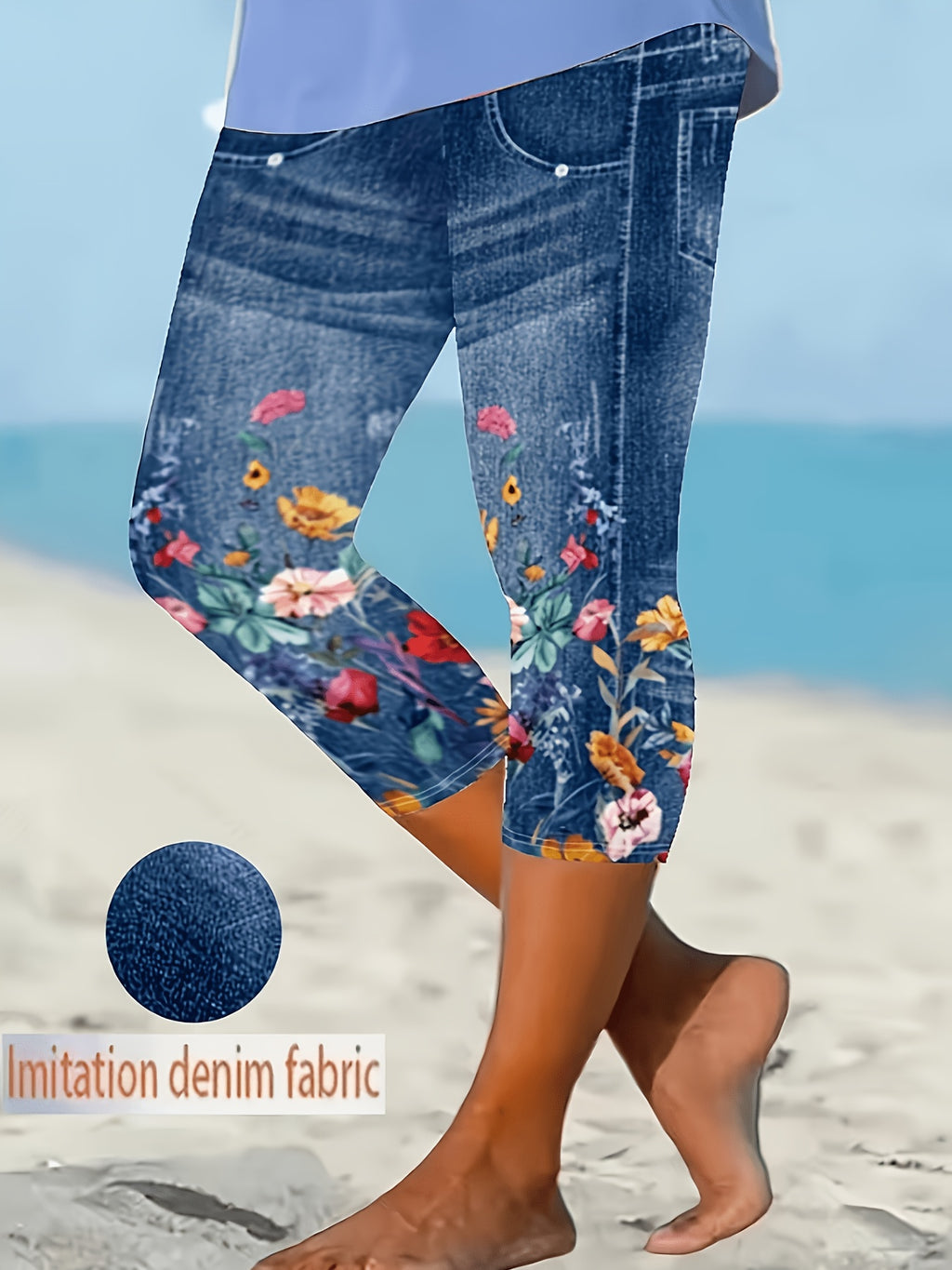 Faux Denim Print Capri Leggings for Women – Imitation Denim Floral Pattern 3/4 Length, Mid-Stretch Knit, Elegant Party Vacation Commute, 5 Colors S-XXL