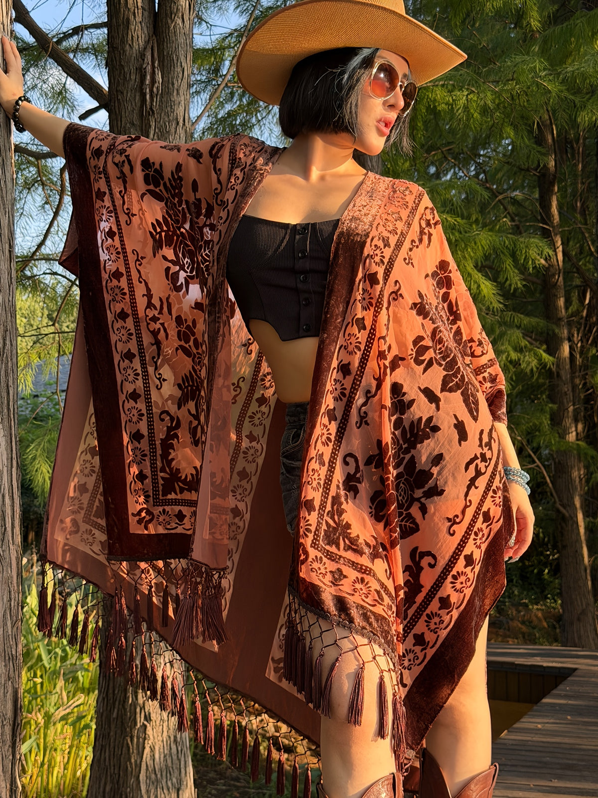 Boho Burnout Velvet Kimono Women Long Cardigan Cover Up Tassel Floral Embroidered One Size