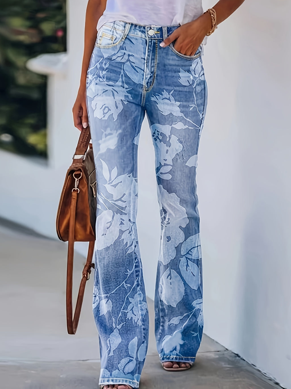 High Waist Elastic Floral Print Wide Leg Flare Pants Women Retro Bootcut Trousers Light Blue S-XXL