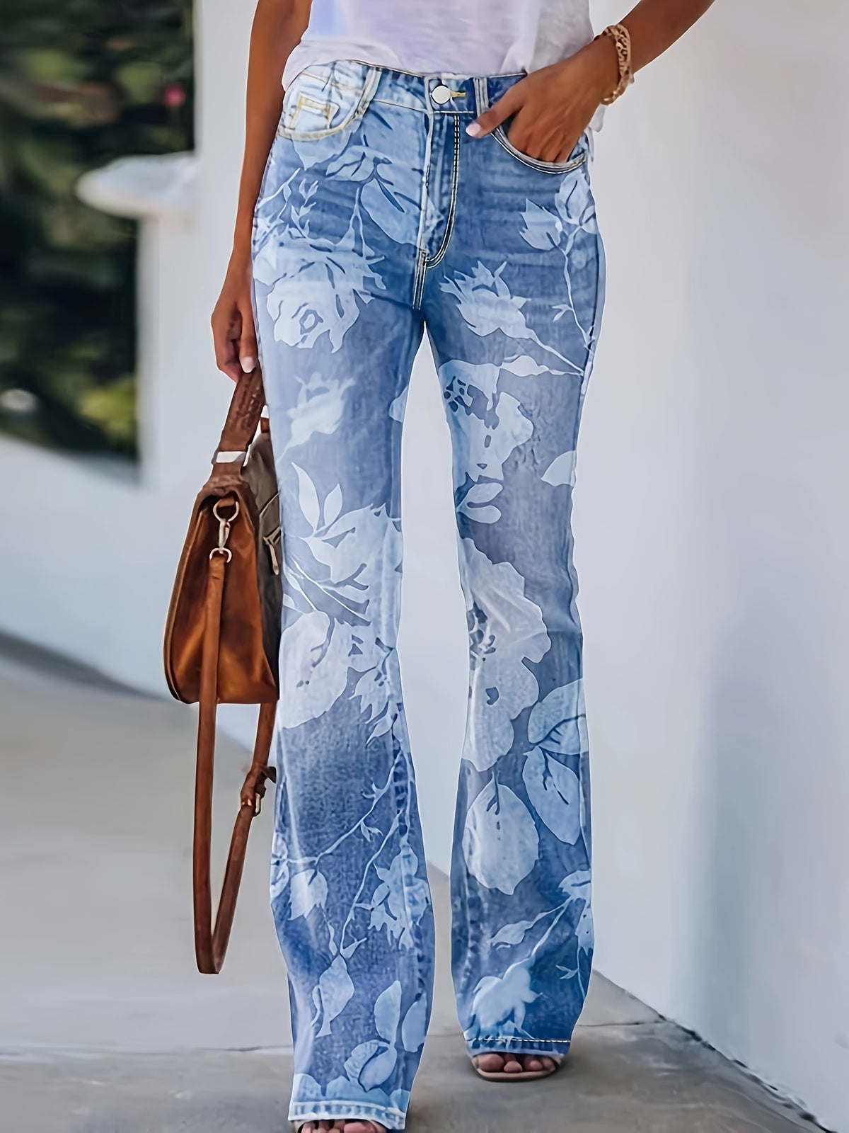 High Waist Elastic Floral Print Wide Leg Flare Pants Women Retro Bootcut Trousers Light Blue S-XXL