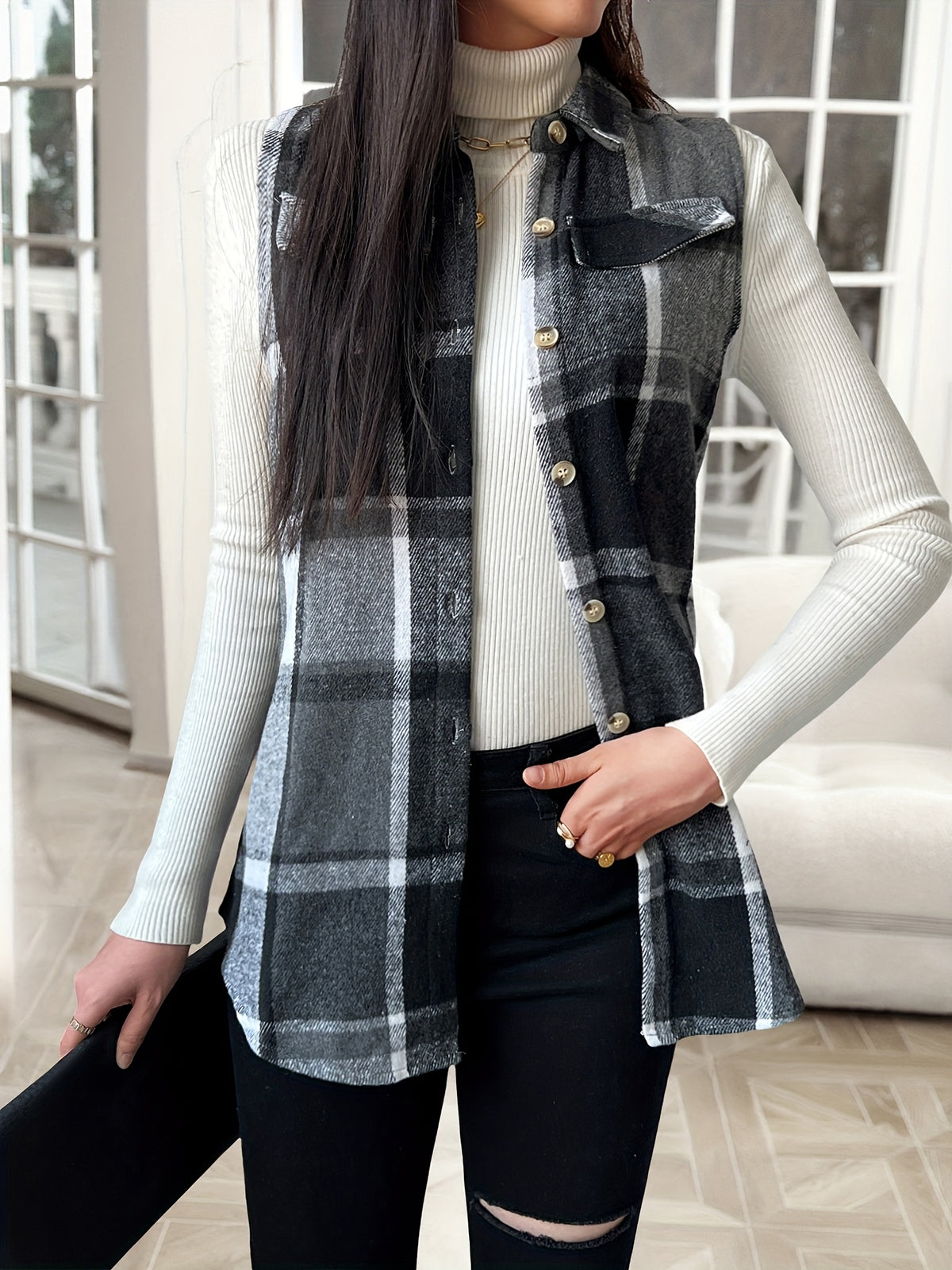 Plaid Lapel Vest Jacket Women Casual Suede Sleeveless Outerwear Fall Winter Layering