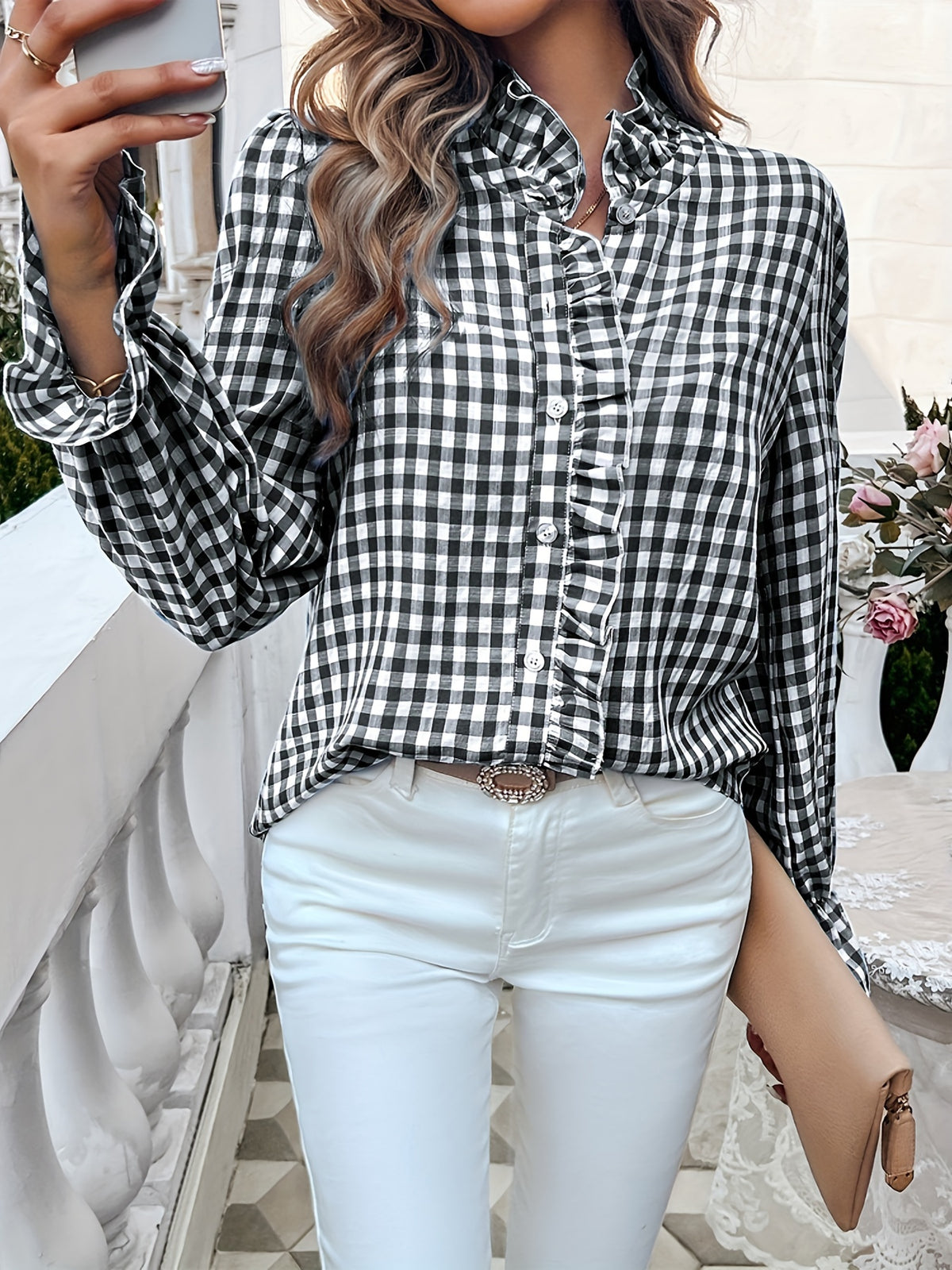 Women's Professional Business Blouse French Contrast Button-Down Shirt Fall Winter Office Top