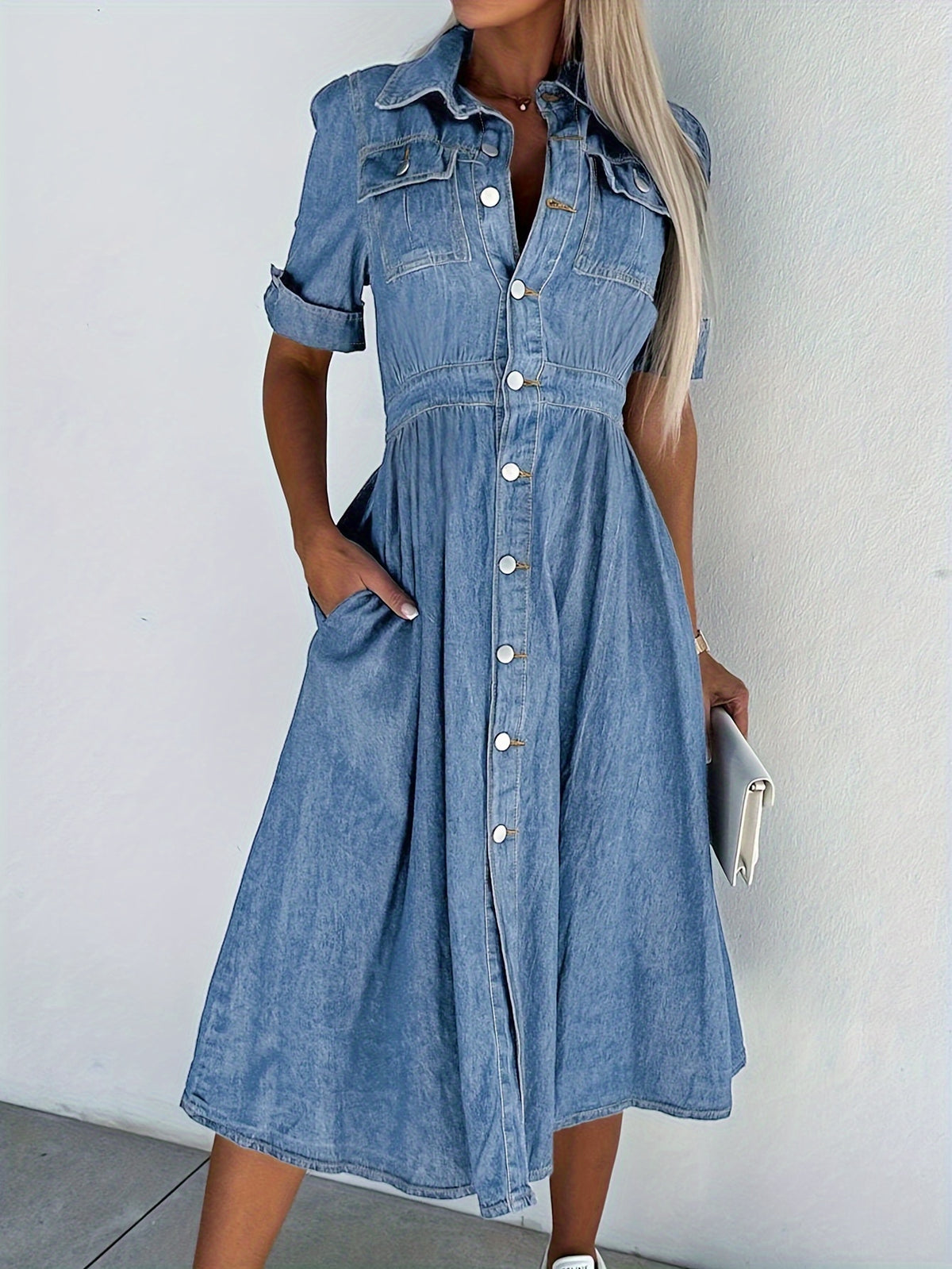 Women's A-Line Denim Jean Dress V-Neck Button Front with Pockets Casual Waist Fitted Shirt Dress Blue Dark Blue Medium Blue S-XXL