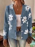 Womens Printed Button Cardigan V Neck Drop Shoulder Loose Coat Casual Knit Layering Top Blue Pink Green Grey Khaki S-XL